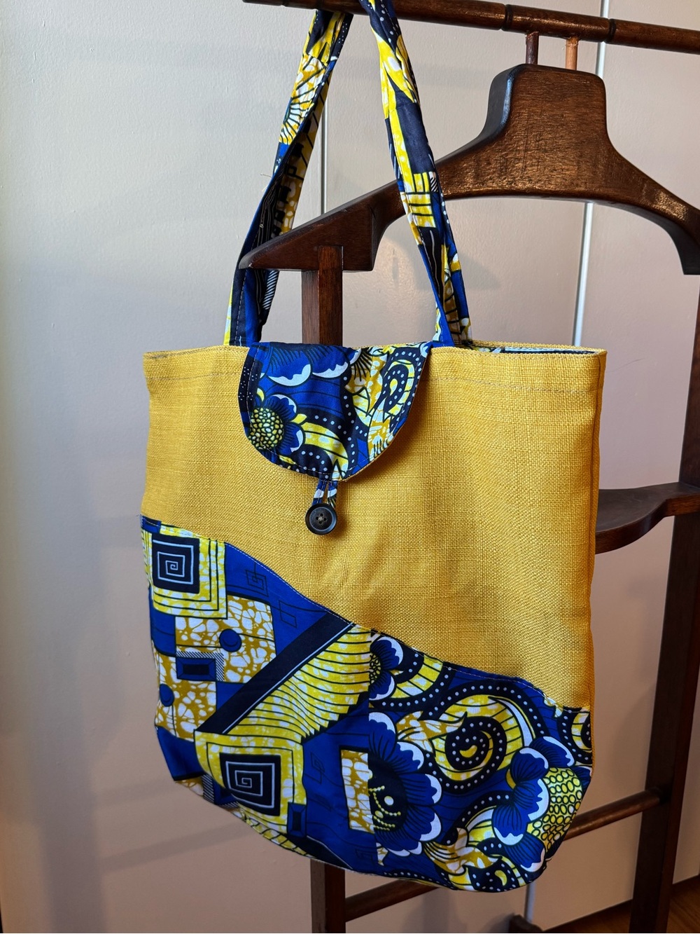 Artisan Handmade African Wax Print Tote Bag Yellow Blue Upcycled Accent